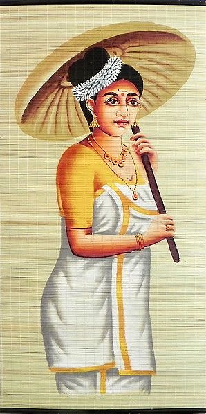 A Malayalee Lady in a Traditional Dress Holding Bamboo Umbrella - Wall Hanging 