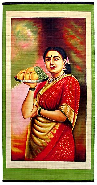 Lady with Fruit Basket - Raja Ravi Varma Painting (Wall Hanging)