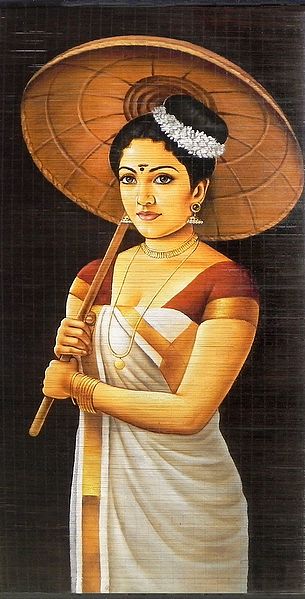 A Malayalee Lady in a Traditional Dress Holding Bamboo Umbrella - (Wall Hanging)