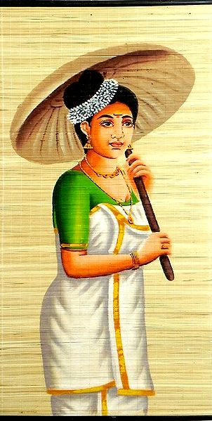 Beautiful Lady in Traditional Dress with Umbrella from Kerala(Wall Hanging)