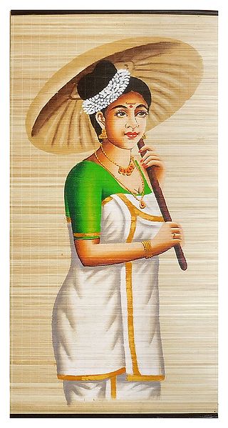 A Malayalee Lady - Painting on Woven Bamboo Strands - Wall Hanging 