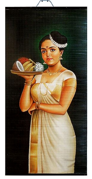 Lady with Puja Thali - Painting on Woven Bamboo Strands - Wall Hanging