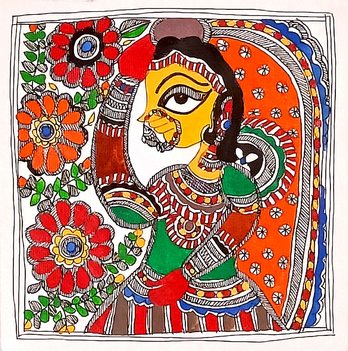Village Girl Madhubani Painting on Paper