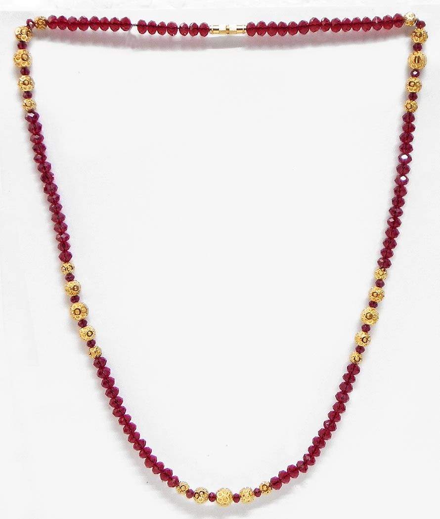 Red Crystal and Carved Gold Plated Bead Necklace