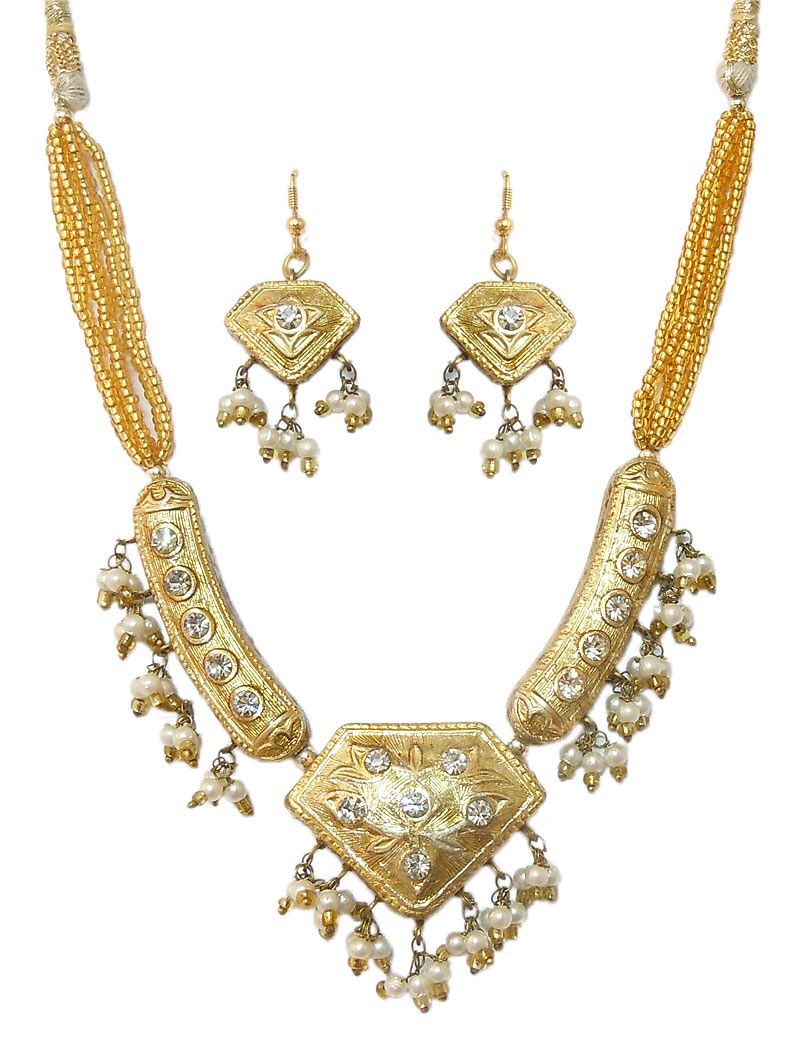Golden Bead Necklace with Meenakari Pendant and Earrings