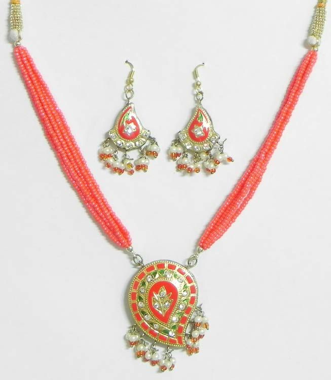 White Stone Studded Saffron Meenakari Necklace with Earrings