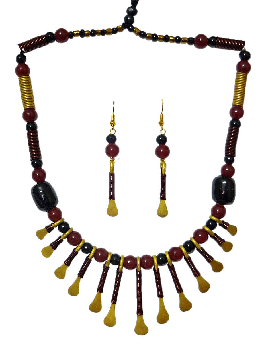 Free Size SB73 DollsofIndia Bead Necklace with Brass Dokra Pendant 