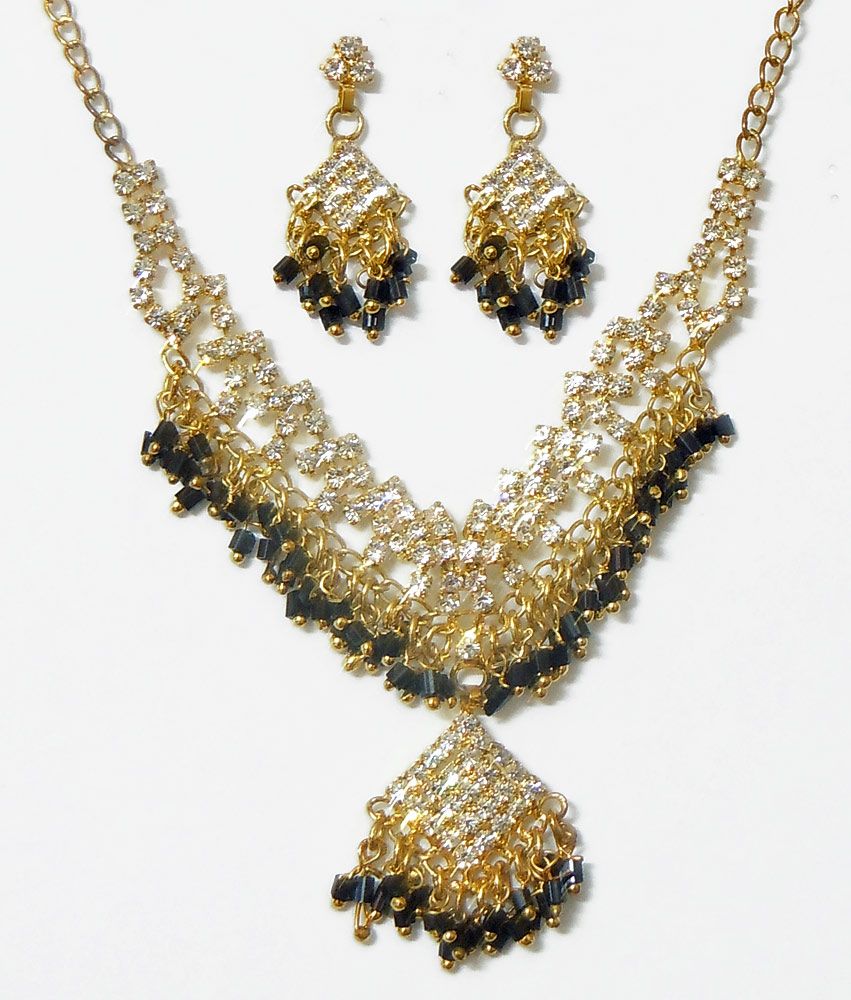 White Stone Studded Necklace Set with Black Beads