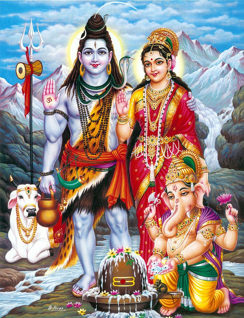 Shiva, Parvati, Ganesha with Nandi - Poster - 11 x 9 inches - Unframed
