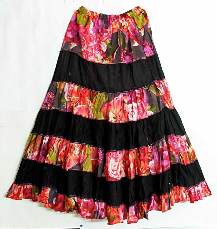 Printed Cotton Skirt with Black Cloth Stripe