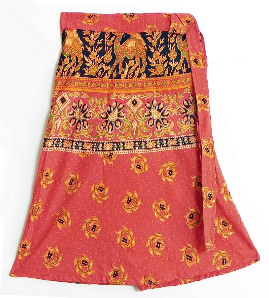 Saffron, Green and Black Flower and Camel Print on Knee Length Red Wrap ...