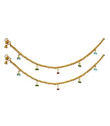 Pair of White Stone Studded Metal Golden Anklets with Multicolor Beads 