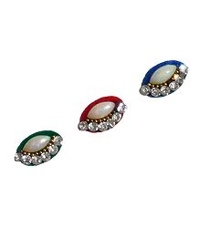 3 Multicolor Oval Bindis with White Stone