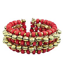 Metal Ghunghroo and Red Bead Cuff Bracelet