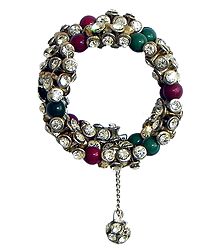 Green and Maroon Bead and White Stone Studded Spiral Bracelet