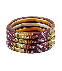 White Stone Studded Maroon with Yellow Painted Lac Bangles