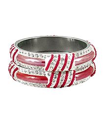 Pair of Light Red Metal Bangles with Stone and Beads