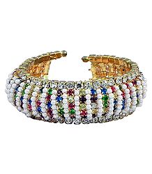 Stone Studded and White Beaded Cuff Bracelet