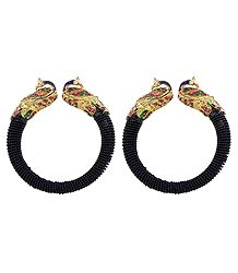 Set of 2 Black Bead Cuff Bangles with Gold Plated Peacock