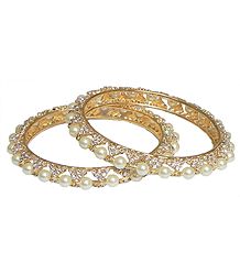 Pair of Gold Plated Bangles with Pearl and White Stones