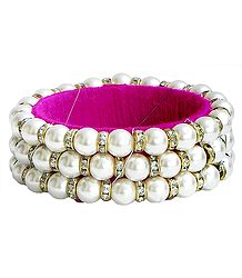 White Stone Studded and Faux Pearl Bead Bracelet with Magenta Cloth Lining