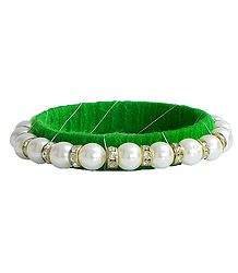 White Stone Studded and Faux Pearl Bead Bracelet with Green Cloth Lining