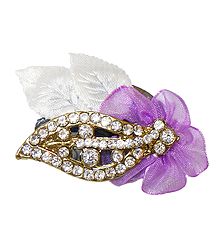 White Stone Studded Metal Leaf Brooch with Cloth Flower