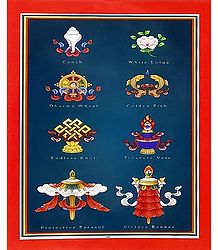 Eight Holy Buddhist Symbols - Unframed Thangka Poster - Reprint on Paper