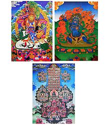 Blue Mahakala, Vaishravana, Gelugpa Refuge Tree - Set of 3 Thangka Posters