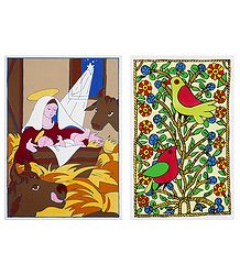 Mother Mary with Jesus and Birds - Set of 2 Small Poster
