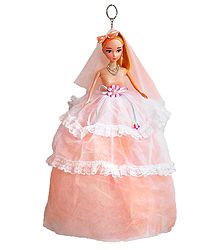 Light Peach Net Dressed Acrylic Hanging Wedding Doll