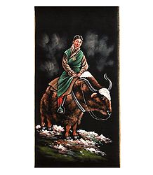 Lady on the Yak - Painting on Cotton Cloth