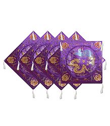 Set of 5 Dark Purple Satin Silk Cushion Covers Depicting Chinese Dragon