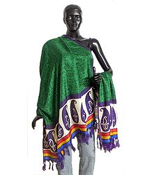 Tribal Design on Green Bhagalpuri Silk Chunni with Paisley Design and Purple Border