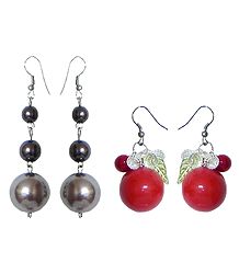Set of 2 Pairs Red and Brown Ball Earrings