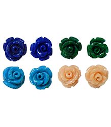 Set of 4 Pairs Cyan Blue, Green, Blue and Light Peach Rose Earrings