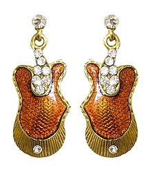 Saffron Lacquered and White Stone Studded Metal Earrings