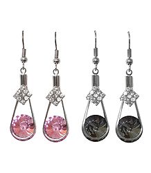 Set of 2 Pairs Grey and Pink Stone Studded Dangle Earrings