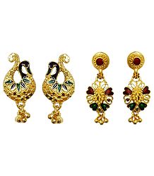 Set of 2 Pairs Gold Plated Peacock Stud and Dangle Earrings