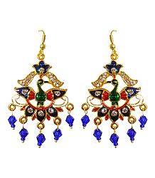 Golden with Blue Meenakari Peacock Metal Earrings
