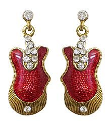 Red Lacquered White Stone Studded Metal Earrings