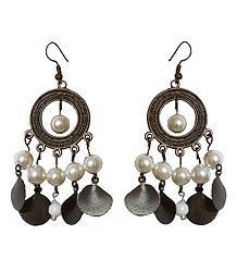 Metal Hoop Earrings with White Beads