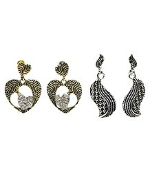 Set of 2 Pairs Oxidised Carved Metal Dangle Earrings