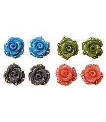 Set of 4 Pairs Pink, Green, Cyan Blue and Grey Rose Earrings
