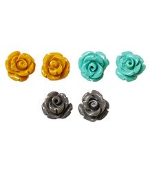 Set of 3 Pairs Yellow, Cyan Blue and Grey Rose Earrings
