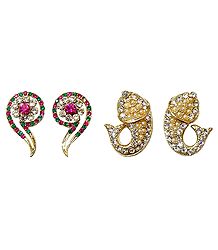 Set of 2 Pairs White, Green and Magenta Stone Studded Question Mark and Fish Stud Earrings