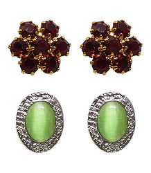 2 Pairs of Maroon and Green Stone Studded Stud Earrings
