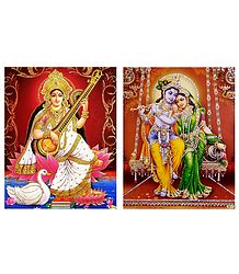 Saraswati and Radha Krishna - Set of 2 Glitter Posters