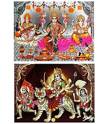 Lakshmi, Saraswati, Ganesha and Bhagawati - Set of 2 Glitter Posters