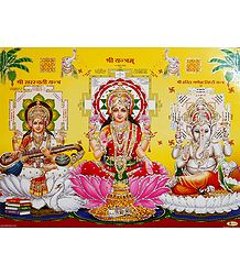 Lakshmi, Saraswati and Ganesha with Sri Yantram - Glitter Poster